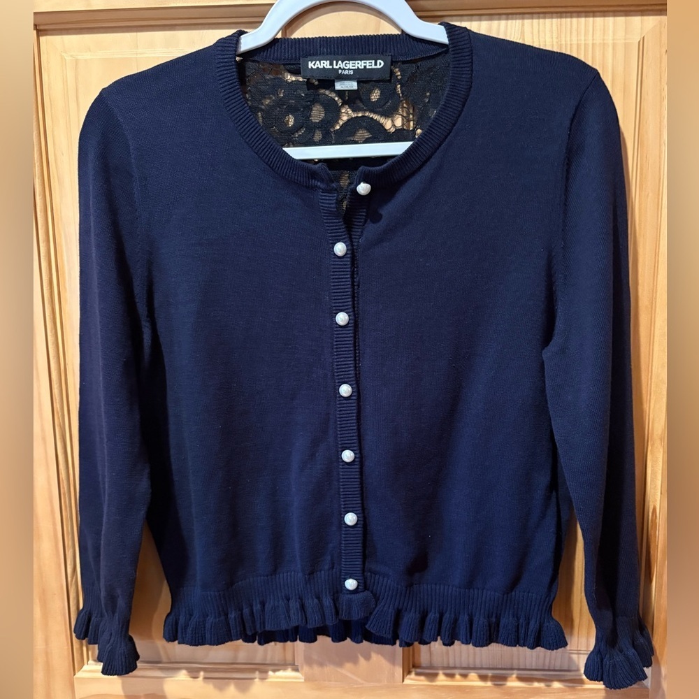 Karl Lagerfeld Paris women's cardigan pearl buttons ruffle detail lace back M - Picture 2 of 13